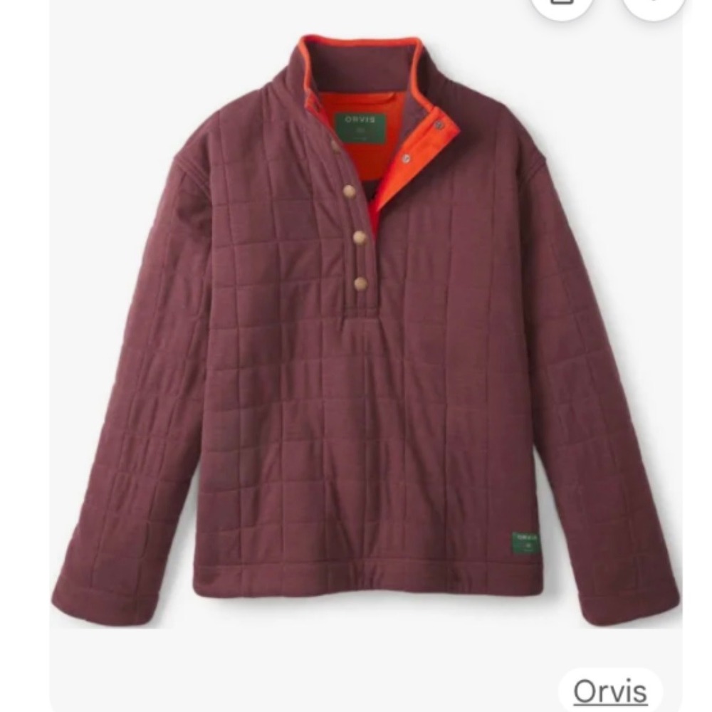 Orvis Women XS Quilted Snap Pullover Burgundy Orange Mock Neck Sweatshirt